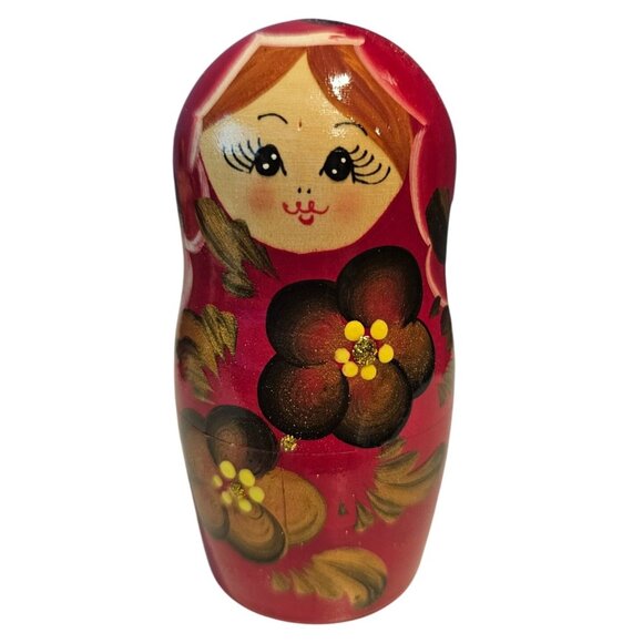 Hand-Painted Russian Matryoshka Nesting Dolls Set Of 5 Floral Design Glossy Red - Picture 11 of 16